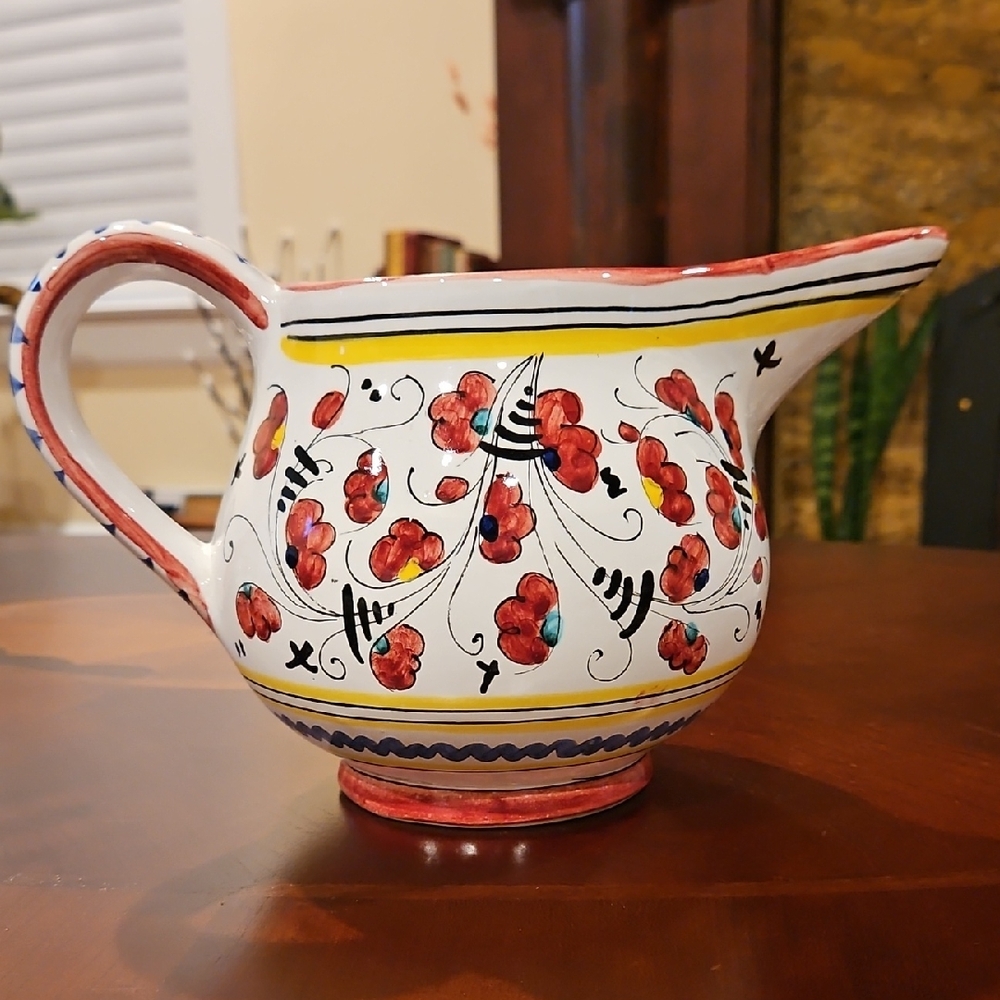 Deruta Italy Hand-Painted Ceramic Pitcher with Red, Black, Yellow Florals
